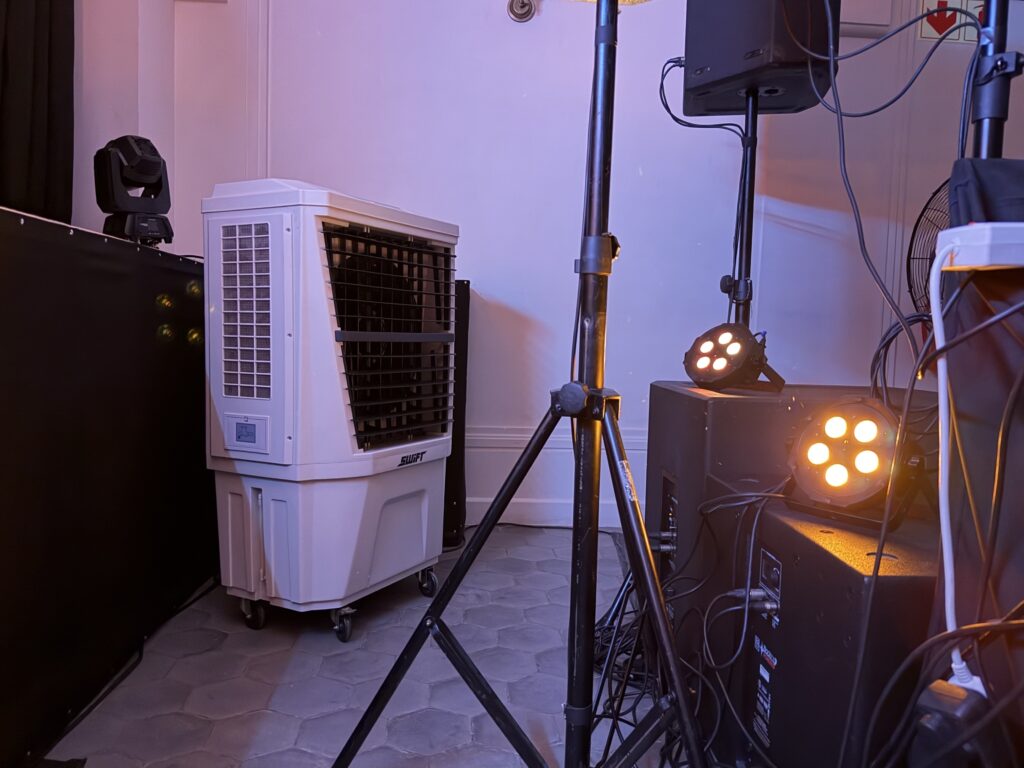 Chill Out air cooler rental on BIBLIO second-floor dance floor – event cooling.