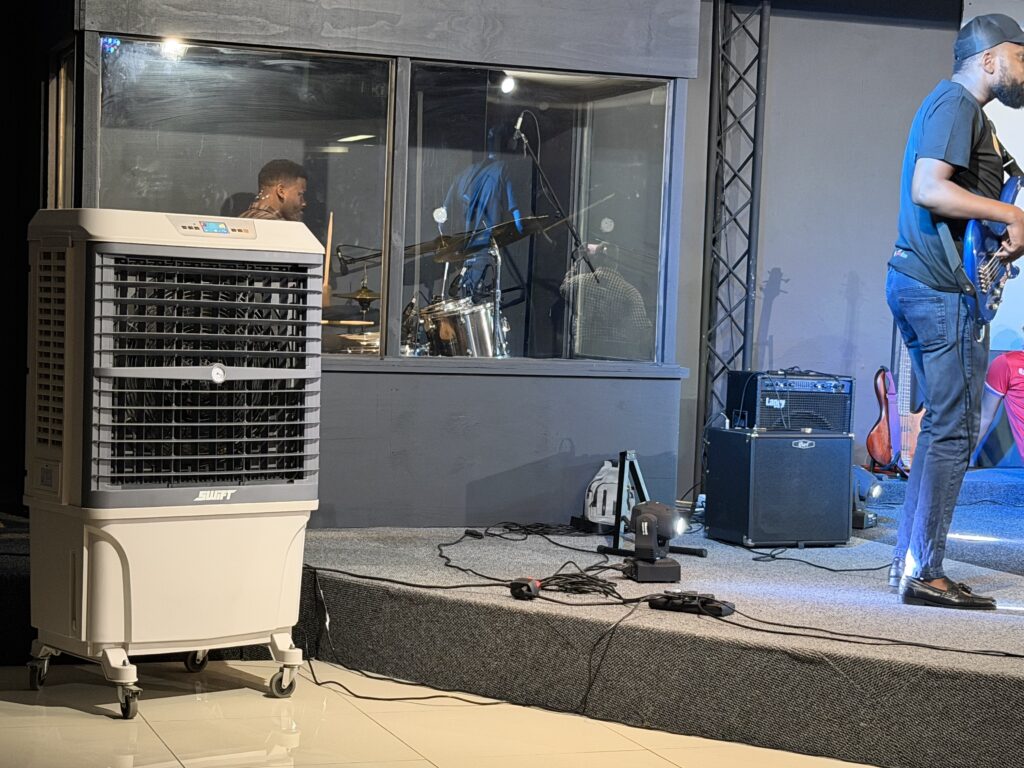 Chill Out large-size mobile air cooler used for urgent indoor cooling at a Claremont church event.