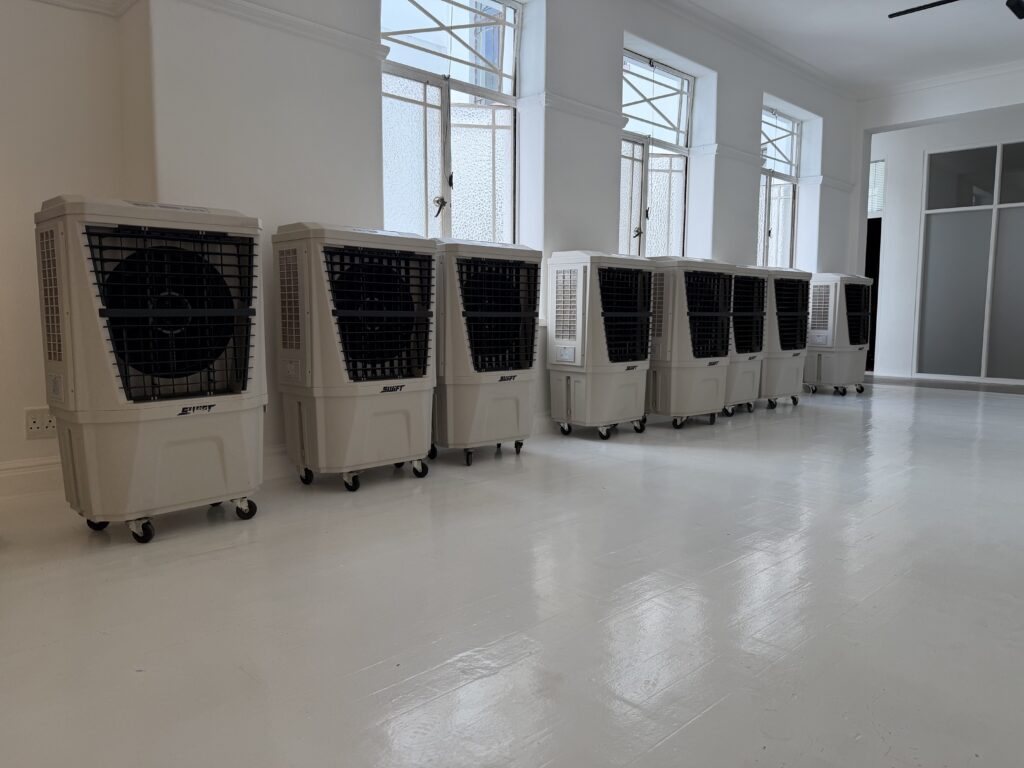 Portable evaporative air coolers used for food art exhibition