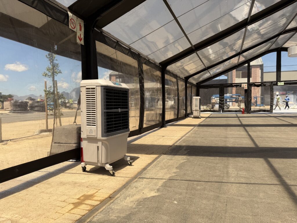 Evaporative Air Coolers cooling a large front-open marquee during a corporate function