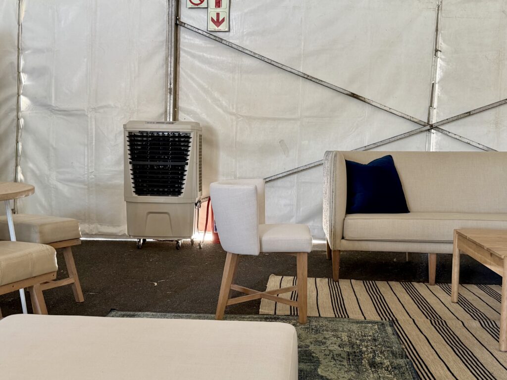 Evaporative air coolers inside enclosed marquee at Edgemead Tennis Club