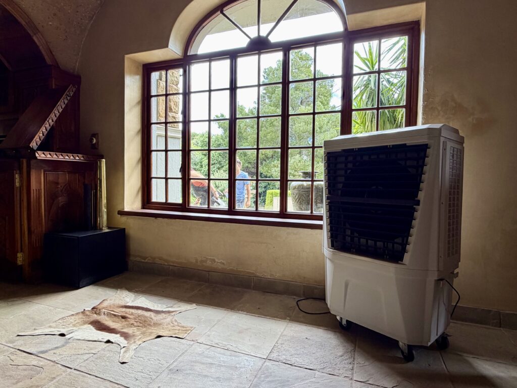 Indoor event cooling setup at Zwaanswyk 109
