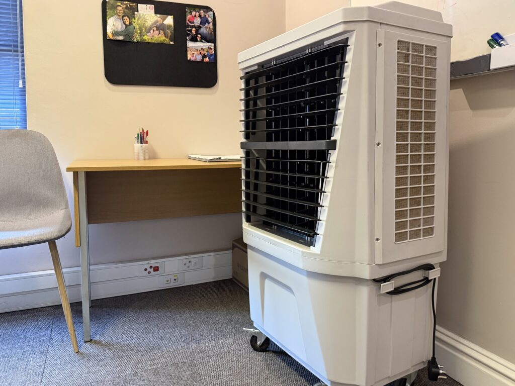 Air cooler installed in office boardroom during HVAC failure